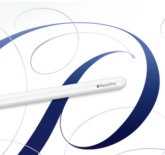 Biela ceruzka Apple Pencil Pro na bielom pozadí s modrými vírmi